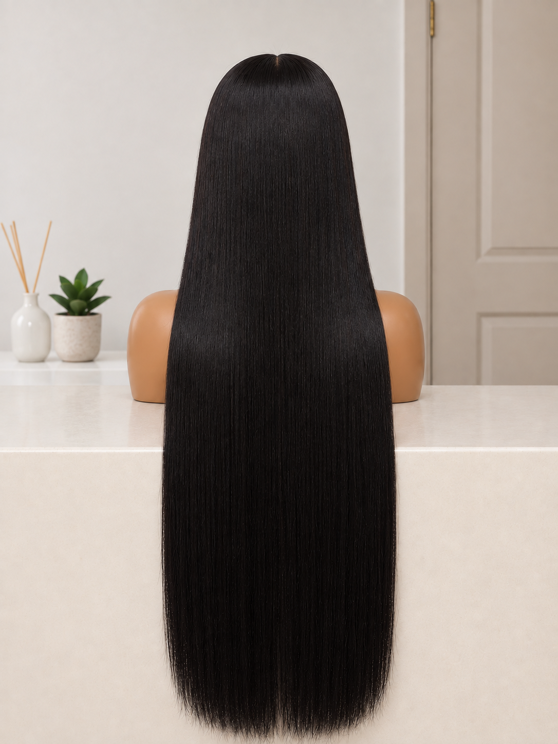 Long, straight black wig displayed on a mannequin head from the back, set against a softly lit indoor background with a small plant and vase on a shelf.